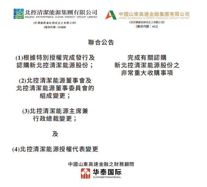 總投資46.85億港元 山東高速收購(gòu)北控清潔能源！