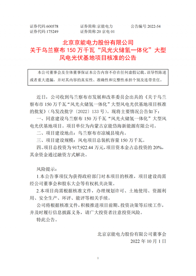 京能電力150萬千瓦“風光火儲氫”基地獲批！